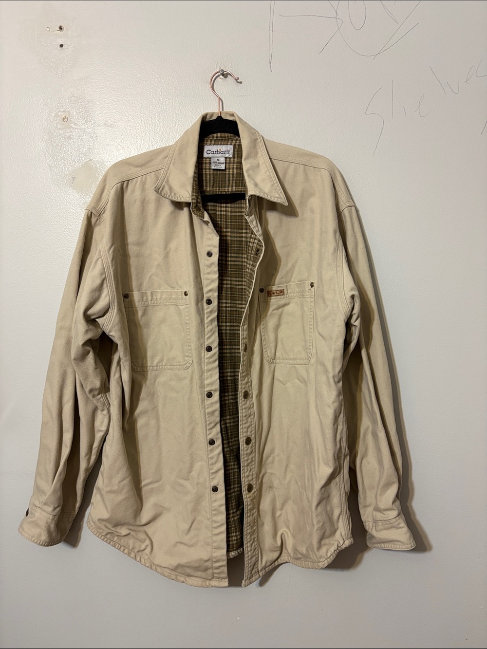 Carhartt Men’s Plaid Lined Canvas Shirt Jacket Shacket Tan Beige Size M - Picture 2 of 5